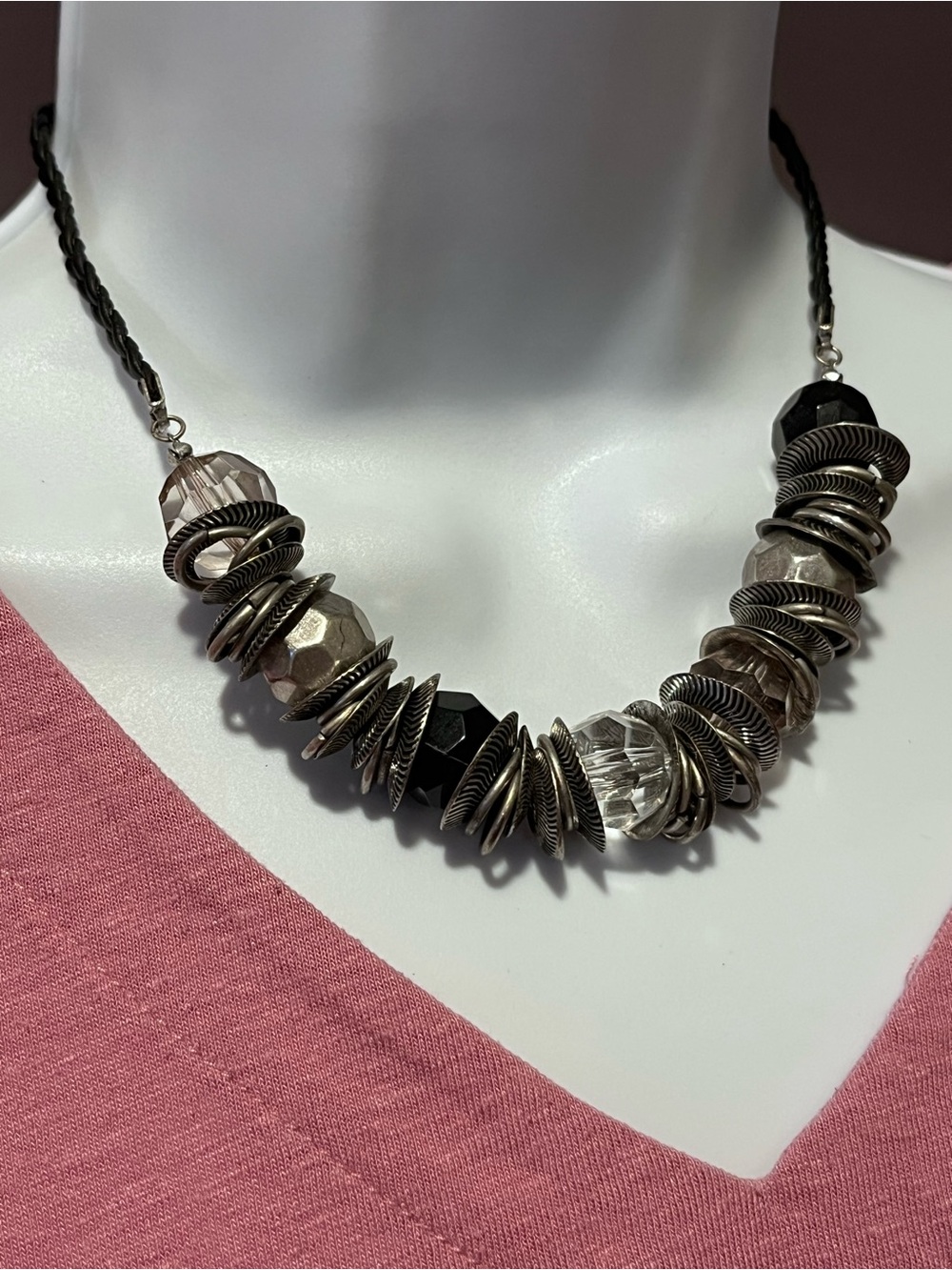 Braided Black and Silver Bead Necklace